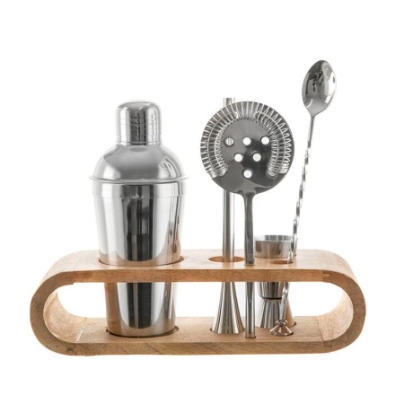 Stainless Steel Silver Bar Tool Set with Natural Mango Wood Base - Bar Tool Sets