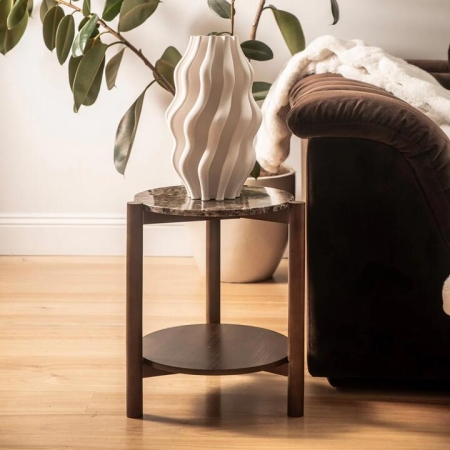 Wood & Brown Marble Side Table - Side Tables
