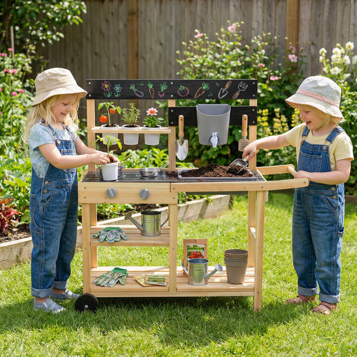 CostwayOutdoor Fir Wood Mud Kitchen with Wheels and Accessories-Natural