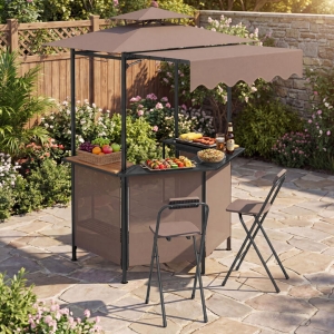 Costway3-Piece Outdoor BBQ Canopy with Bar Table and 2 Folding Bar Stools for Backyard-Brown