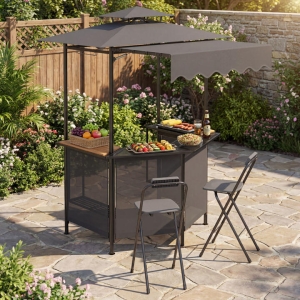 Costway3-Piece Outdoor BBQ Canopy with Bar Table and 2 Folding Bar Stools for Backyard-Grey