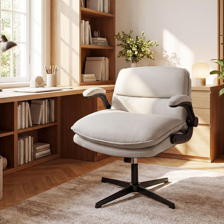 CostwayCriss Cross Chair with Flip-up Arms and Adjustable Height for Home Office and Study Room-Beige