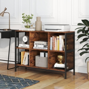Costway6 Cube Bookcase 110cm Wide Horizontal Bookshelf with Heavy-Duty Metal Frame-Brown