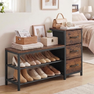 CostwayShoe Bench 3-Tier Shoe Rack with 3 Removable Fabric Drawers-Rustic Brown