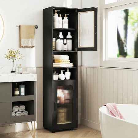 CostwayTall Bathroom Storage Cabinet with Fluted Doors Adjustable Shelf-Dark Black - Bathroom Storage
