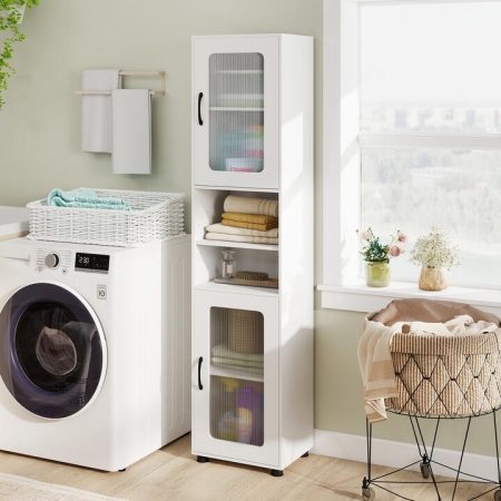 CostwayTall Bathroom Storage Cabinet with Fluted Doors Adjustable Shelf-White - Bathroom Storage