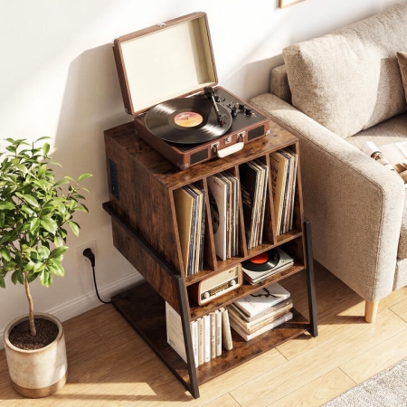CostwayRecord Player Stand with Charging Station and Vinyl Storage Holder for Living. - Garden Tools
