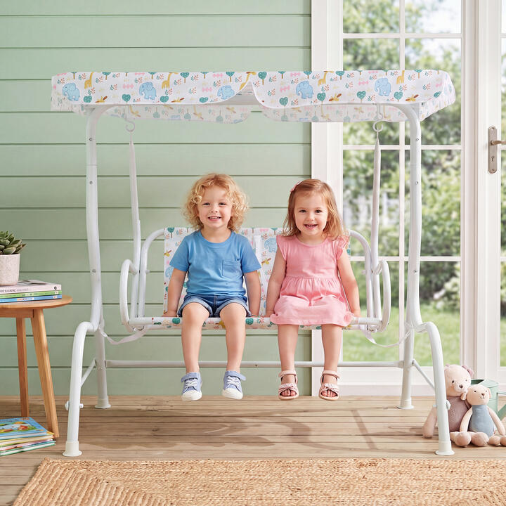 Costway2-Seater Kids Porch Swing with Adjustable Canopy for Backyard and Garden-White