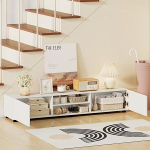 CostwayModern TV Stand for up to 70" TVs with 2 Doors and Open Shelves for Living Room-White