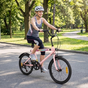 CostwayLighted Cycling Bike with Adjustable Handlebar and Seat-Pink-20 inches