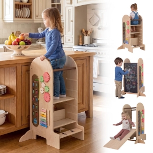 CostwayToddler Learning Tower with Adjustable Height Chalkboard Slide and Safety Rails