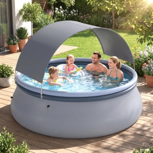 CostwayRound Inflatable Pool with Sunshade Canopy and 2 Air Chambers