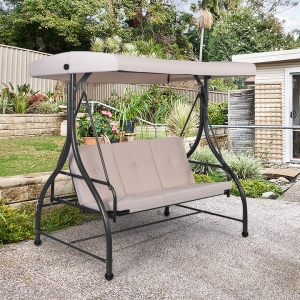 Costway3-Person Convertible Canopy Swing with 3 Comfortable Cushion Seats for Garden & Balcony Beige