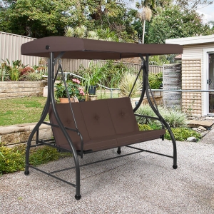 Costway3-Person Convertible Canopy Swing with 3 Comfortable Cushion Seats for Garden & Balcony Brown