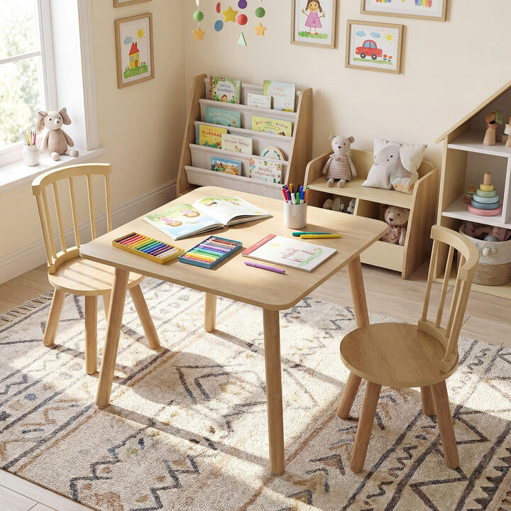 CostwayKids Table and 2 Chairs Set Wooden Activity Table with Curved Spindle Back-Natural