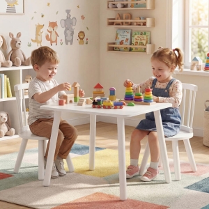 CostwayKids Table and 2 Chairs Set Wooden Activity Table with Curved Spindle Back-White