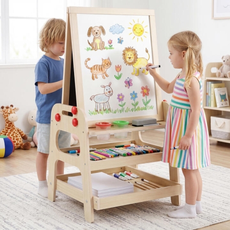 Costway2-in-1 Easel for Kids Wooden Art Easel with Magnetic Whiteboard and Marble. - Toys & Hobbies > Art Easels
