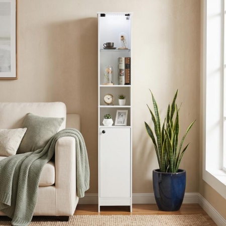 CostwayTall Bathroom Cabinet with Lights & Press-to-Open Door-White - Bath > Floor Cabinets