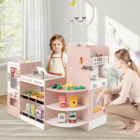 CostwayKids Grocery Store Playset Wooden Pretend Play Supermarket-Pink - Toys & Hobbies > Pretend Toys > Play Kitchen Sets