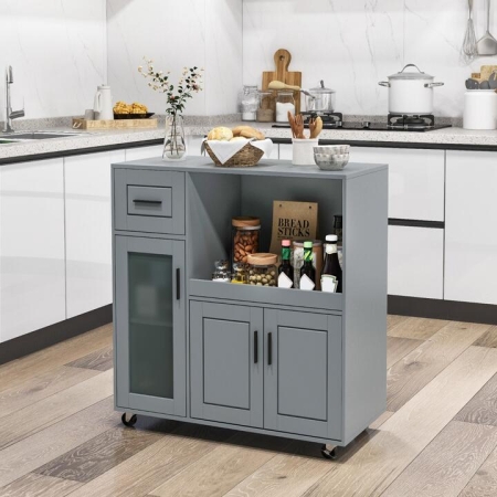 CostwayRolling Kitchen Island with Wheels Drawer and Glass Door Cabinet-Grey - Furniture > Kitchen & Dining > Kitchen Islands & Carts