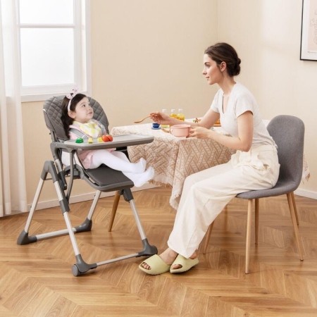 Costway Portable Adjustable Highchair with Footrest and Detachable Tray-Grey - Baby & Kids > Nursery Furniture > High Chairs