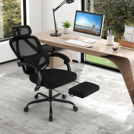 CostwayErgonomic Office Chair High Back Mesh Desk Chair with Retractable Footrest-Black - Furniture > Home Office > Office Chairs