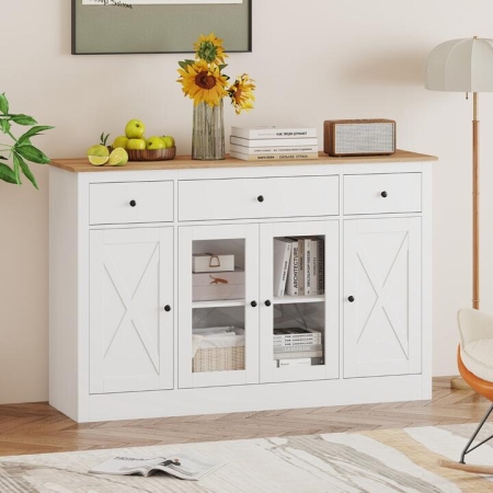 Costway140 cm Large Buffet Sideboard Kitchen Storage Cabinet with 3 Drawers-White - Furniture > Kitchen & Dining > Sideboards