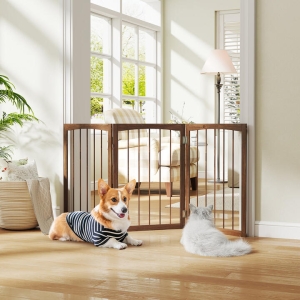 Costway3-Panel Dog Gate 76cm Wooden Pet Fence for Small and Medium Dogs-Brown