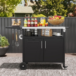 CostwayGrill Cart with Storage Outdoor Kitchen Island with Folding Stainless Steel Top-Black