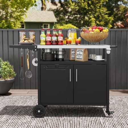 CostwayGrill Cart with Storage Outdoor Kitchen Island with Folding Stainless Steel. - Outdoor > Outdoor Grills