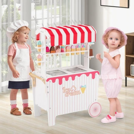 CostwayKids Ice Cream Cart with Wheels Canopy & Storage for Toddlers-Red - Toys & Hobbies > Pretend Toys > Play Kitchen Sets