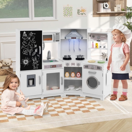 CostwayCorner Wooden Play Kitchen Large Set with Lights and Blackboard-White - Toys & Hobbies > Pretend Toys > Play Kitchen Sets