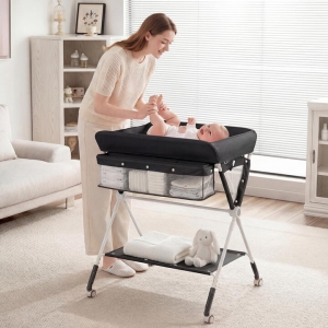 CostwayPortable Diaper Changing Station with Storage Basket Shelf and Lockable Wheels-Black