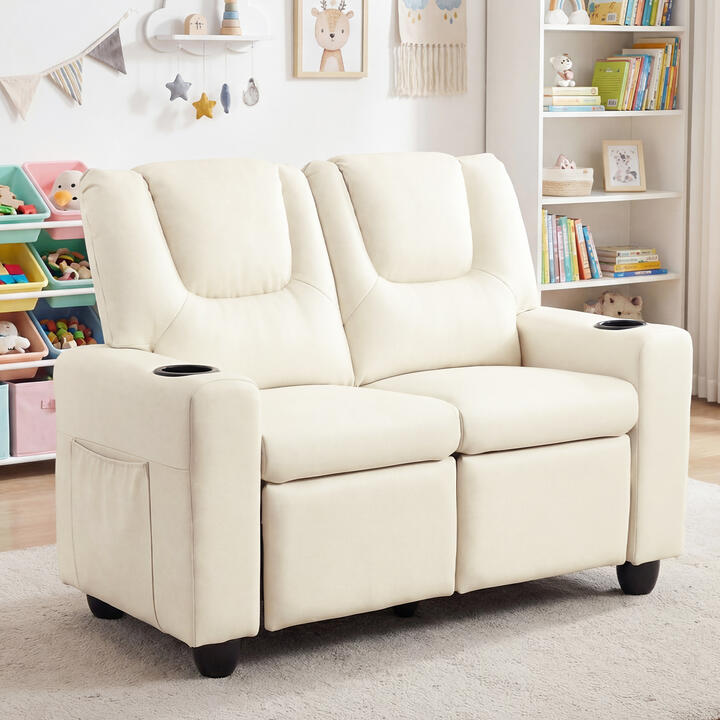 Costway2-Seater Kids Recliner Chair with 2 Cup Holders and 2 Side Storage Pockets-Beige