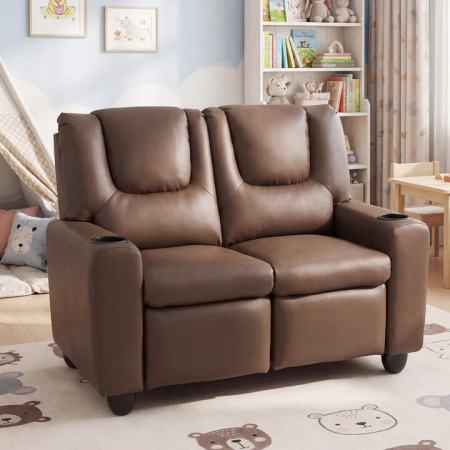 Costway2-Seater Kids Recliner Chair with 2 Cup Holders and 2 Side Storage Pockets-Brown - TOYS