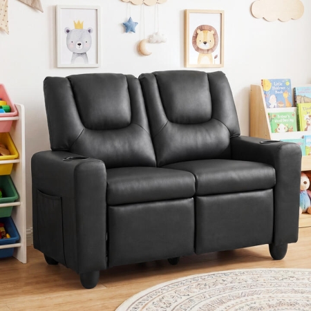 Costway2-Seater Kids Recliner Chair with 2 Cup Holders and 2 Side Storage Pockets-Black - TOYS