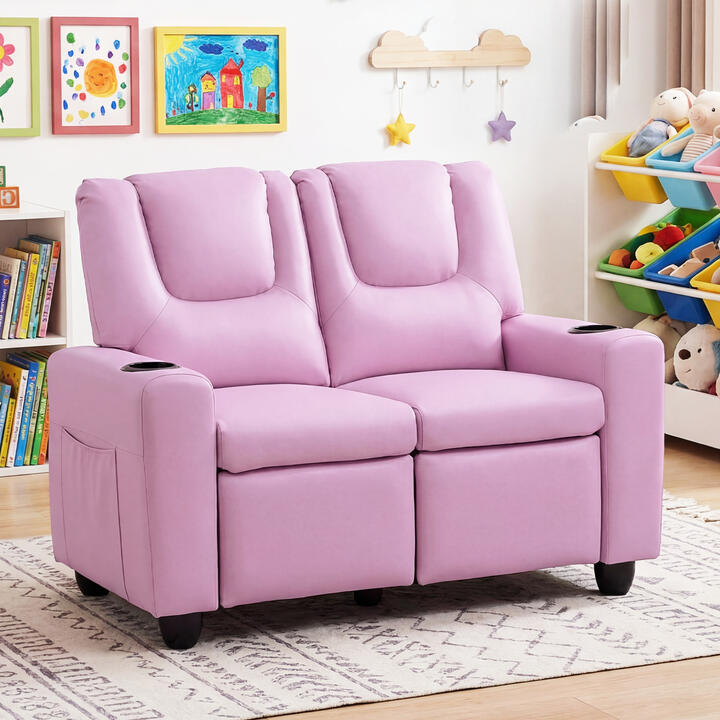 Costway2-Seater Kids Recliner Chair with 2 Cup Holders and 2 Side Storage Pockets-Pink