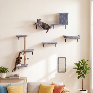 Costway5-in-1 Cat Climbing Wall with Cat Tree & Cat House with Bridge-Grey Costway5-in-1 Cat Climbing Wall with Cat Tree & Cat House with Bridge-Grey