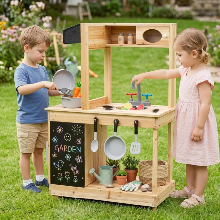 CostwayOutdoor Mud Kitchen for Kids Play Kitchen with Stoves Sink and Chalkboard-Natural - Toys & Hobbies > Pretend Toys > Play Kitchen Sets