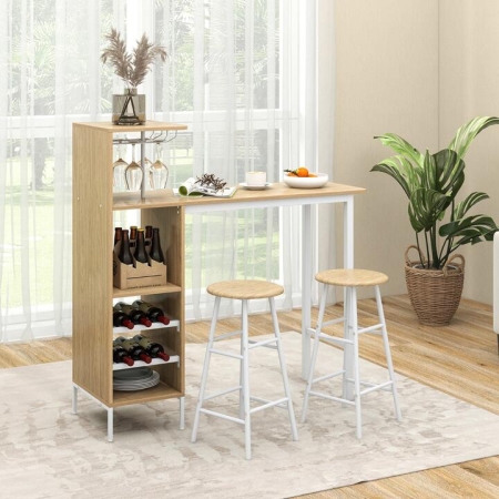 Costway3 Pieces Bar Table and Chair Set with 6-Bottle Wine Racks for Dining Room-Natural - Furniture > Kitchen & Dining > Dining Room Sets