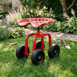 CostwayGarden Cart with Height Adjustable and Swivel Seat-Red CostwayGarden Cart with Height Adjustable and Swivel Seat-Red