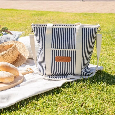 COOLER Tote Bag Navy/Cream Stripe with Cream Handles 35x14.5x36cm - Coolers