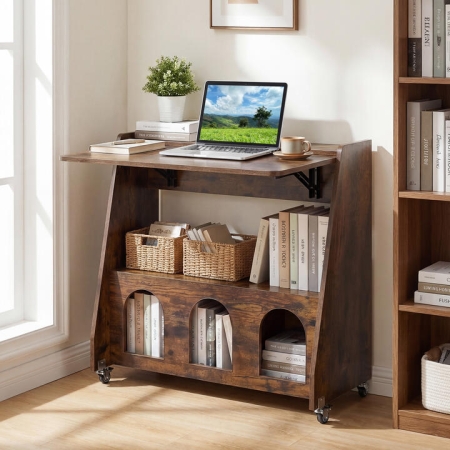 CostwayFolding Workstation on Wheels with Shelves for Small Space Home Office-Brown - Furniture > Home Office > Office Desks