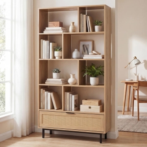 Costway162cm Tall Wooden Bookcase 6-Tier Bookshelf with 8 Open Cubes-Natural