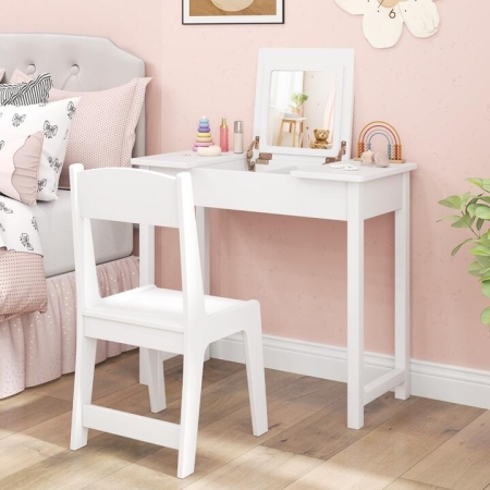 CostwayKids Vanity Set with Flip Top Mirror and Anti-toppling Device-White - Baby & Kids > Toddler & Kids Furniture > Kids Vanities