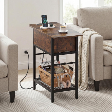 CostwayNarrow End Table with Charging Station Compartment-Rustic Brown - Furniture > Living Room > End & Side Tables