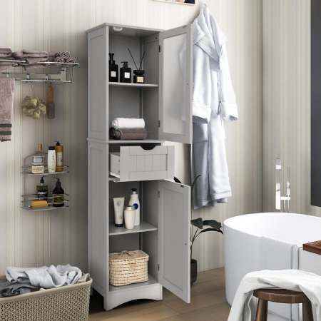 Costway170 cm Bathroom Cabinet Narrow Floor Storage with 2 Shelves 2 Doors 1 Drawer-Grey - Bath > Floor Cabinets