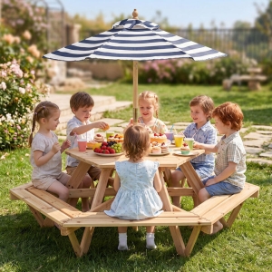 CostwayChildren Activity Table with Chairs Picnic Table for Backyard Deck-Natural