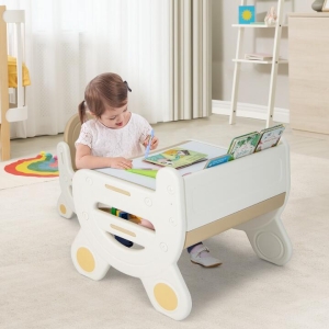 CostwayKids Drawing Table and Chair Set with Graffiti Desktop Bookshelf-Coffee