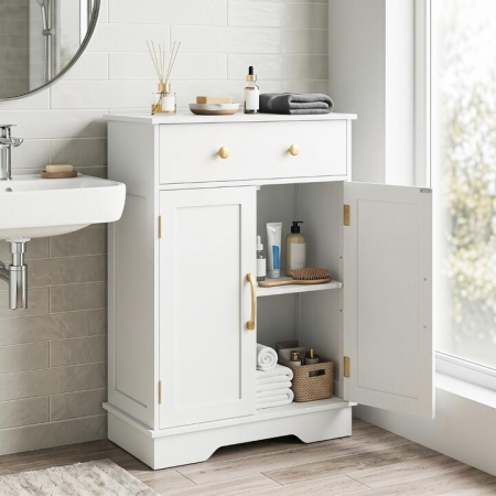 CostwayFloor Storage Cabinet with Drawer and Adjustable Shelf-White - Bath > Floor Cabinets